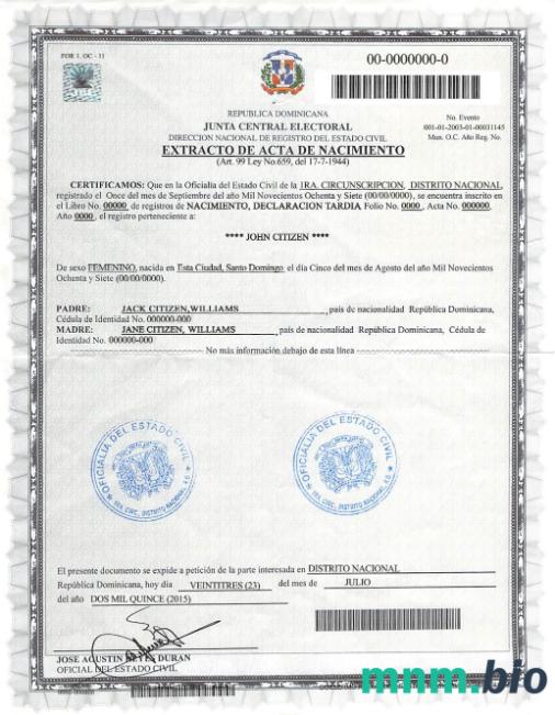 DOMINICANA narodziny certyfikat